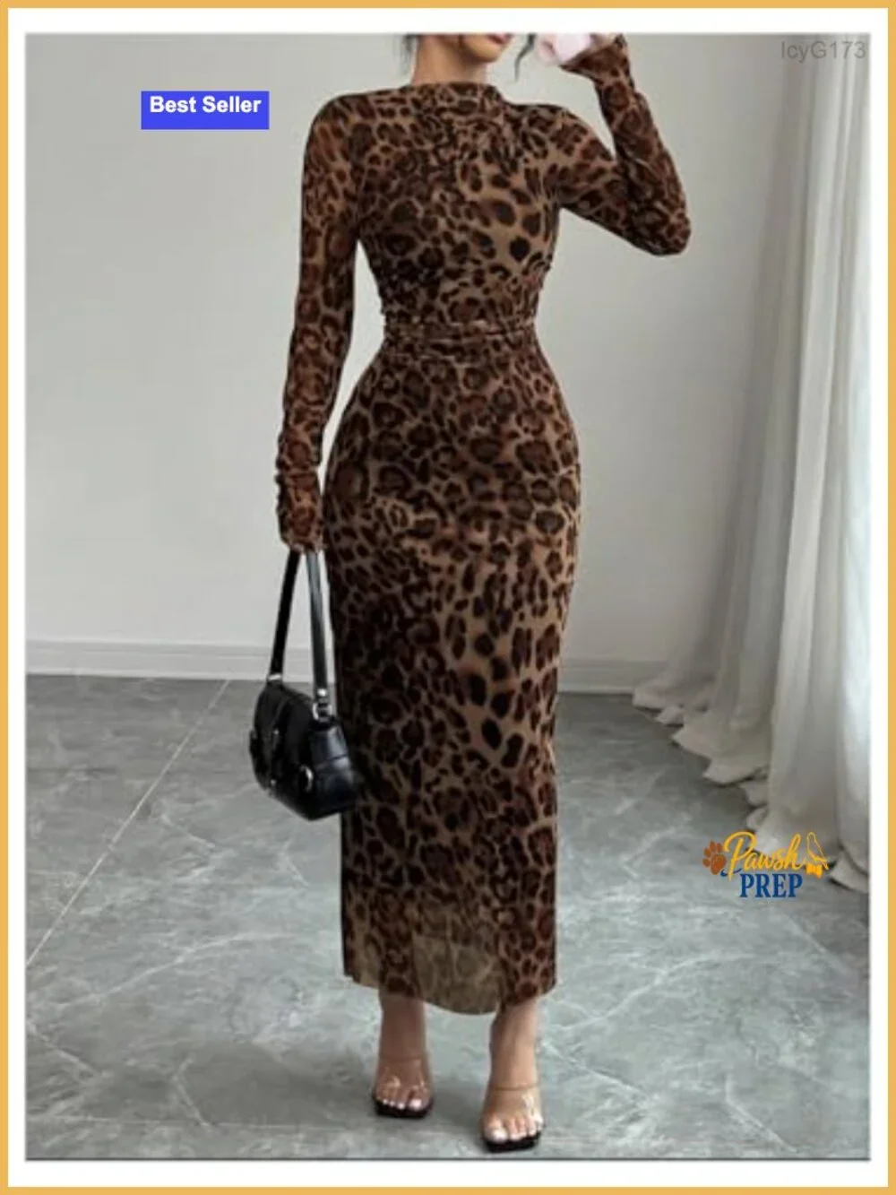 Women's Leopard Mesh Sheer Long Sleeve Maxi Dress Ruched Bodycon Party